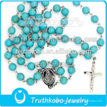 Hochwertige religiöse Schmuck Edelstahl Mutter Maria und Jesus Kreuz Halskette mit 8mm Rosenkranz TKB-N0153